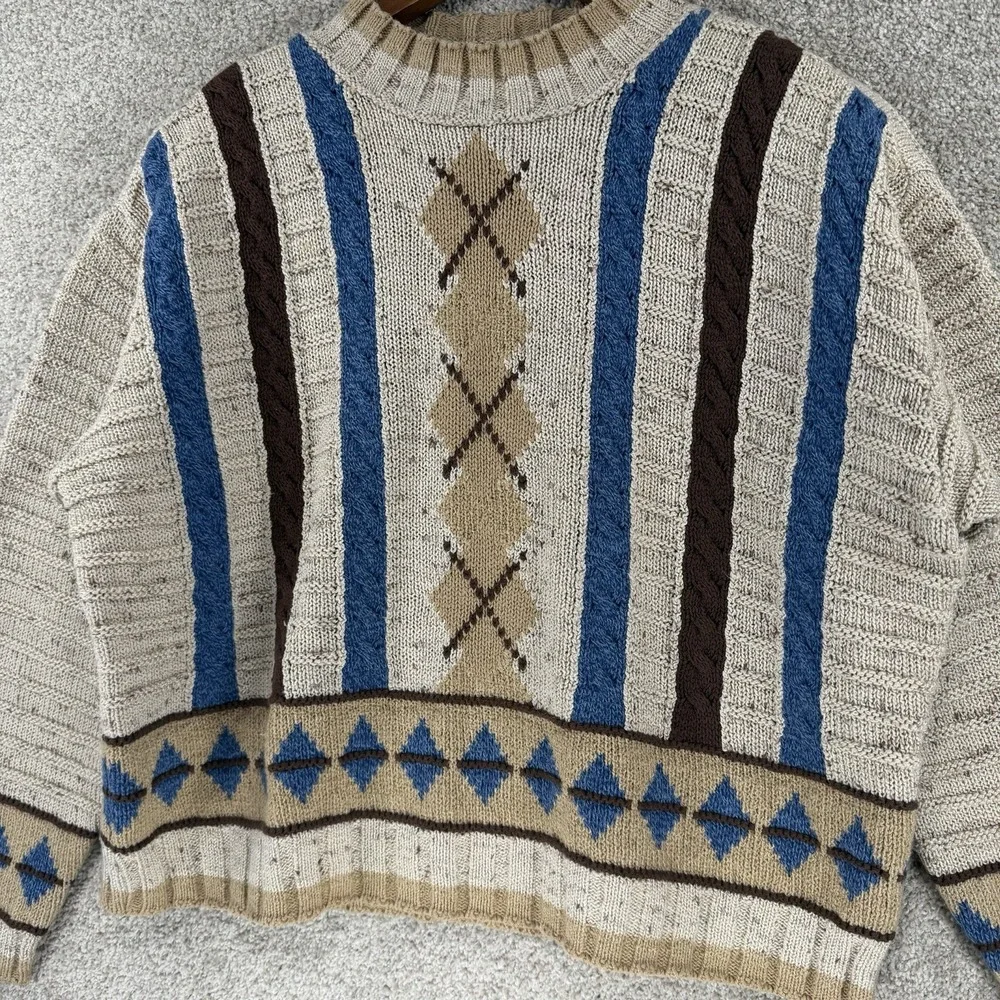 VTG Acedamia Knit Sweater Boxy Chunky 70s Style Cozy Folk Granola Cottagecore L? - Picture 2 of 3